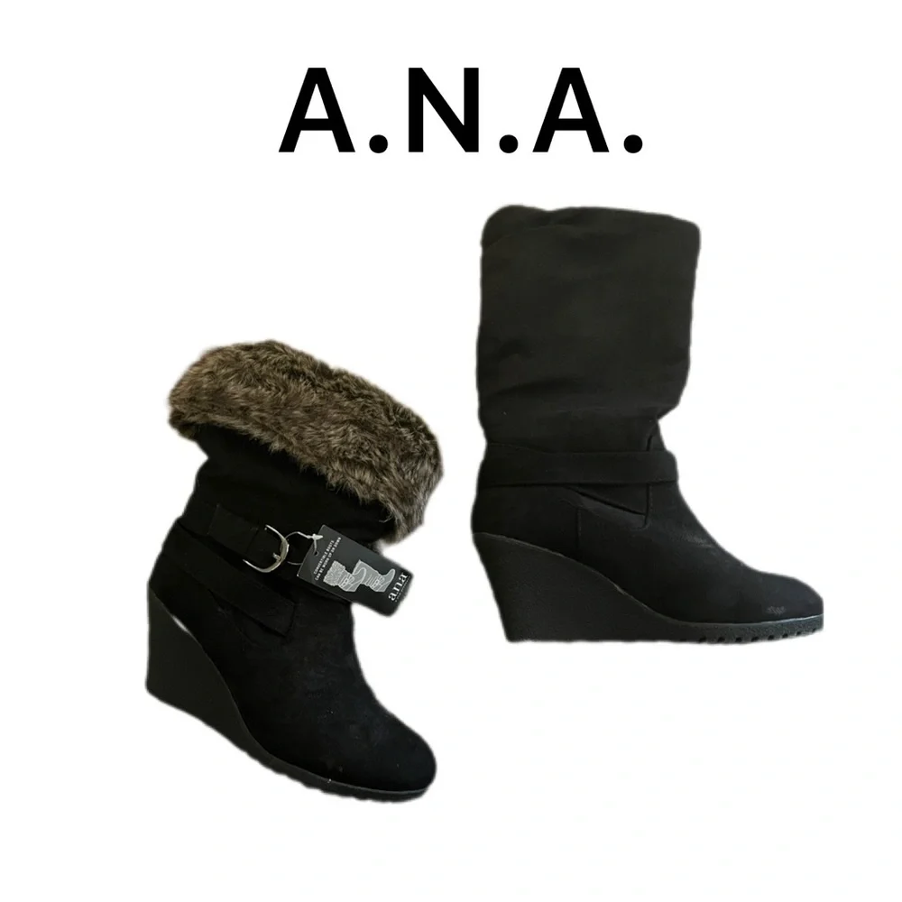 NWT A.N.A. Fur Trimmed Wedge Boot 8 - Picture 1 of 10